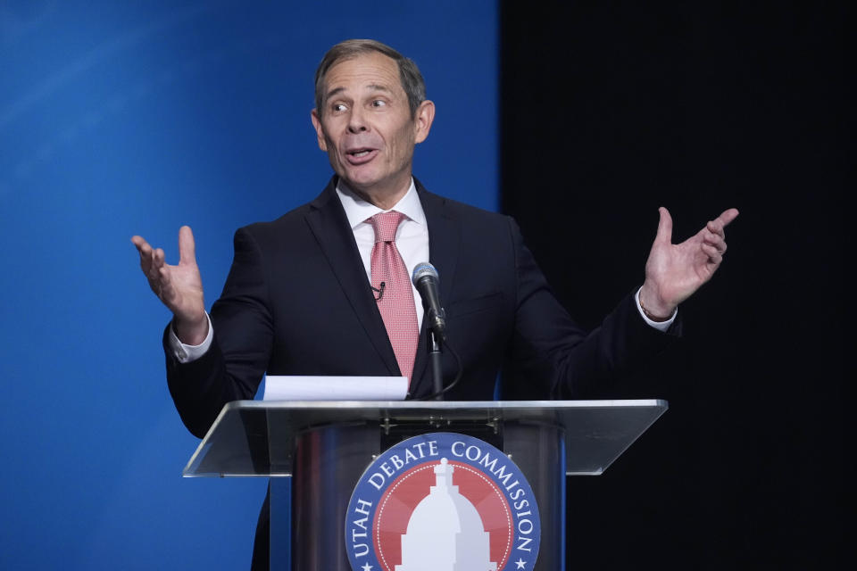 FILE - U.S. Rep. John Curtis speaks during the Utah Senate primary debate for Republican contenders battling to win the seat of retiring U.S. Sen. Mitt Romney on June 10, 2024, in Salt Lake City. Curtis, who is considered the front-runner, has pitched himself as the alternative to Trump-backed Riverton Mayor Trent Staggs and two other contenders, who have spent much of the race arguing over whose policy positions most closely align with Trump's. (AP Photo/Rick Bowmer, Pool, File)