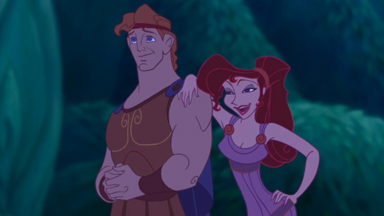  Meg with her arm on Hercules' shoulder in Disney animated movie. 