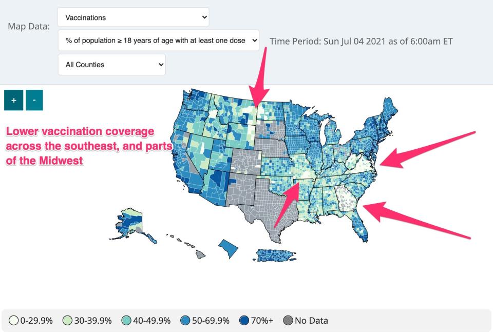 A map of the US showing the number of adults vaccinated with at least one dose of a COVID-19 vaccine, county by county, with areas of low coverage highlighted in the Southeast and Midwest.