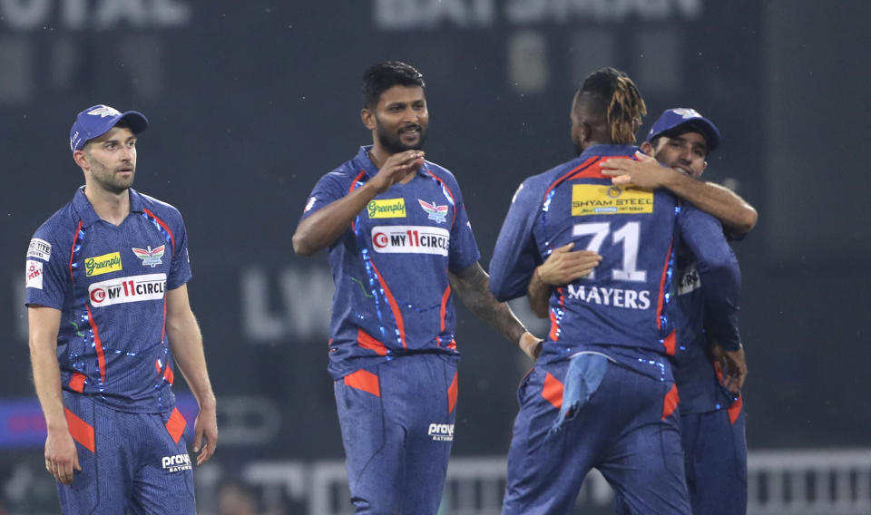 Lucknow Super Giants' cricketers celebrate after winning the Indian Premier League cricket match against Delhi Capitals in Lucknow, India, Saturday, April 1, 2023. (AP Photo/Surjeet Yadav)