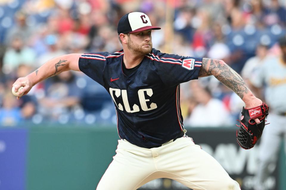 Aug 30, 2024; Cleveland, Ohio, USA; Cleveland Guardians starting pitcher Ben Lively (39) throws a pitch during the first inning against the Pittsburgh Pirates at Progressive Field. Mandatory Credit: Ken Blaze-USA TODAY Sports