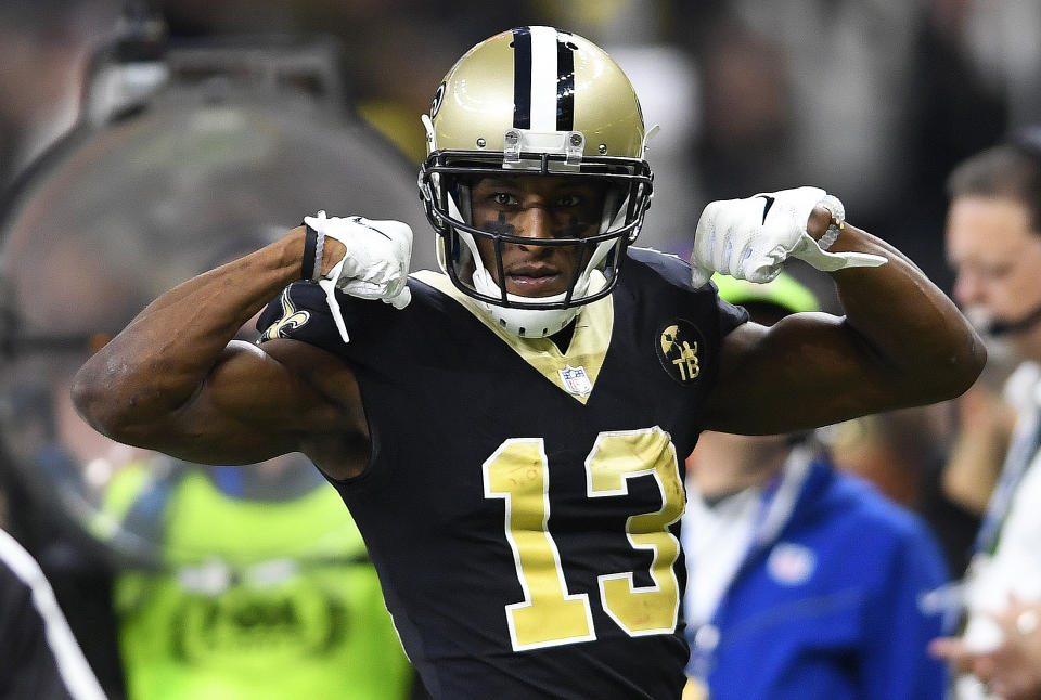 Michael Thomas had a few thoughts during Super Bowl LIII. (AP Photo/Bill Feig)