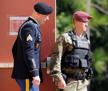 U.S. Army Sergeant Bowe Bergdahl (L) leaves the courthouse at the end of the third day of sentencing proceedings in his court martial at Fort Bragg, North Carolina, U.S., October 26, 2017. REUTERS/Jonathan Drake