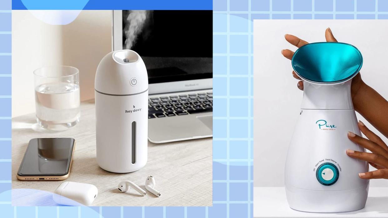 facial steamer on desk by laptop and smartphone and hand holding steamer