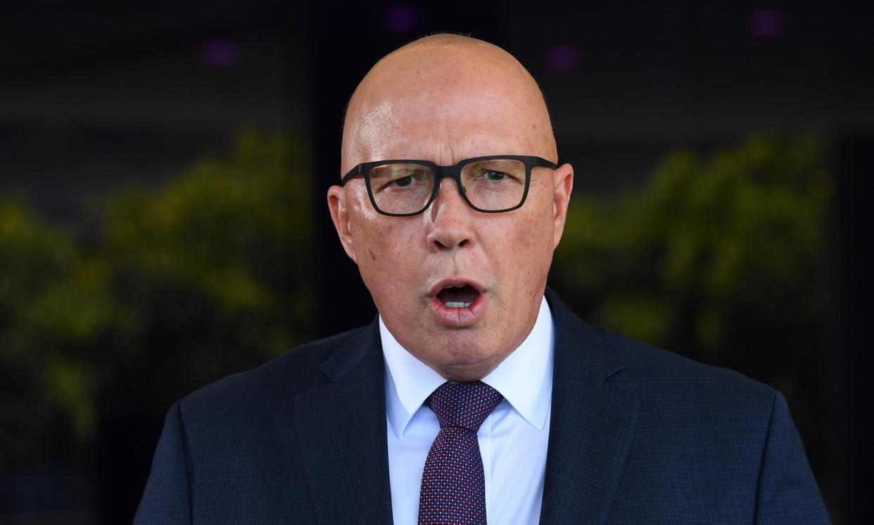 <span>Peter Dutton has questioned the credibility of Labor and its affiliated unions on truth in political advertising reform, citing the ‘Mediscare’ campaign.</span><span>Photograph: Jono Searle/AAP</span>