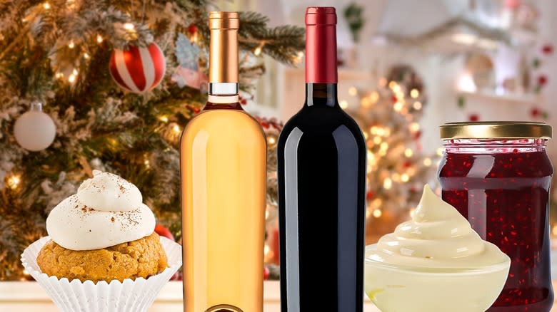 Wine bottles with foodstuffs