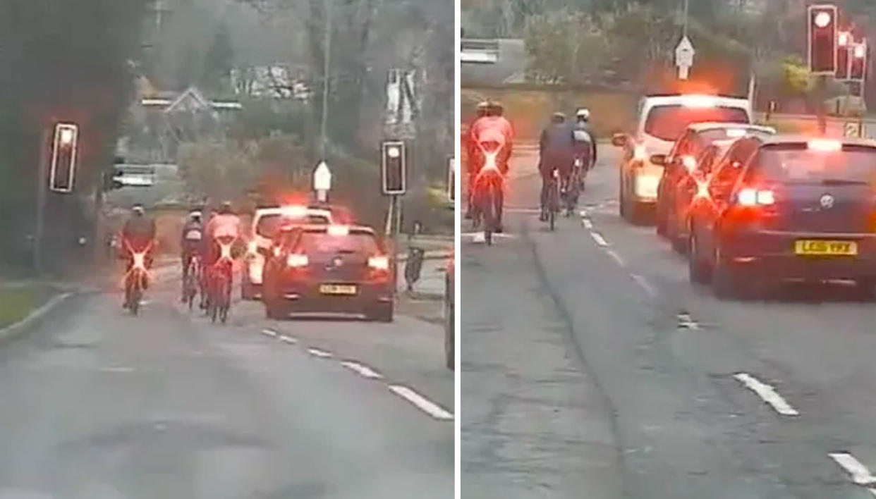 New footage released by Surrey road safety shows the cyclists driving past the red traffic light.