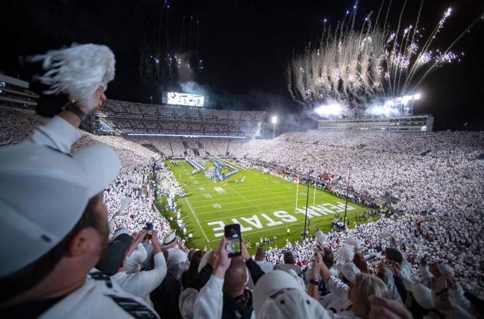 Penn State fans cheer as the football team runs onto the field for the White Out game against Ohio State on Sept. 29, 2018, at Beaver Stadium.