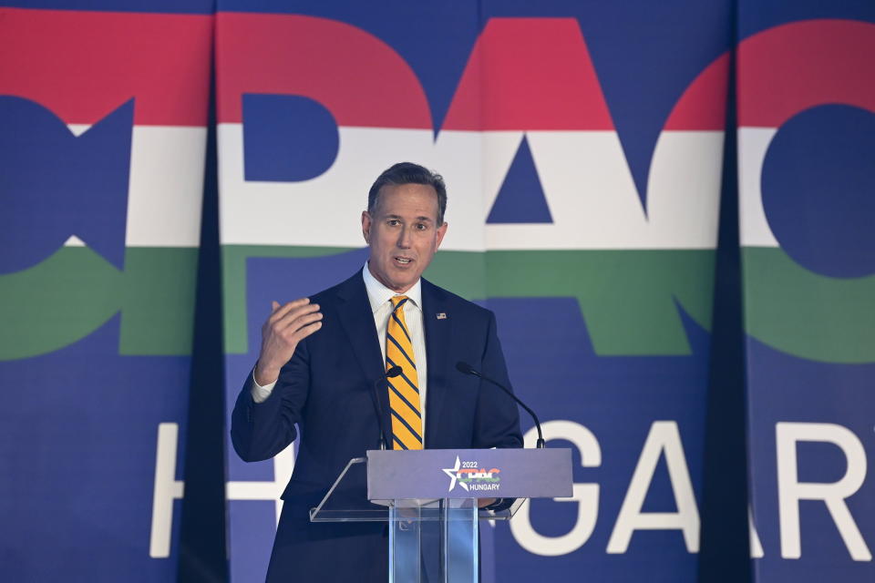 Former United States Senator and member of the Republican Party, Rick Santorum, delivers a speech at the CPAC conference in Budapest, Hungary, Thursday, May 19, 2022. Dozens of prominent conservatives from Europe, the United States and elsewhere have gathered in Hungary for the American Conservative Political Action Conference, being held in Europe for the first time. The two-day event represents a deepening of ties between the American right wing and the autocratic government of Prime Minister Viktor Orban. (Szilard Koszticsak/MTI via AP)