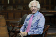 Judge Arthur Engoron poses for a picture in his courtroom in New York, Thursday, Sept. 28, 2023. Starting Monday, Oct. 2, Engoron will preside over a non-jury trial in Manhattan to resolve remaining claims in New York Attorney General Letitia James’ lawsuit against former President Donald Trump, his company and top executives. (AP Photo/Seth Wenig)