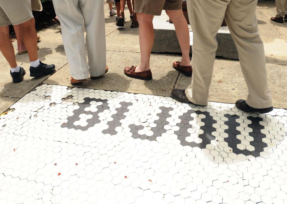 Tile flooring at Bijou Park in downtown Wilmington, where the Bijou movie theater once stood.
