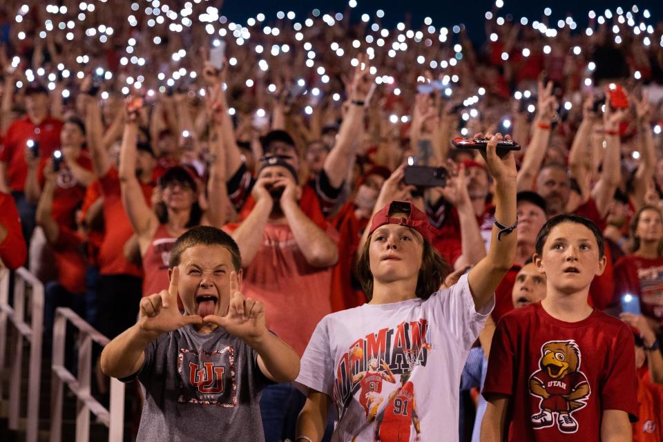 Young University of Utah fans cheer during the season opener at Rice-Eccles Stadium in Salt Lake City on Thursday, Aug. 31, 2023. | Megan Nielsen, Deseret News