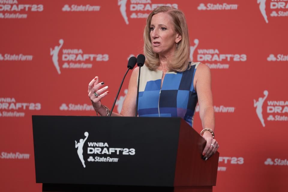 WNBA Commissioner Cathy Engelbert speaks to reporters before the 2023 WNBA Draft at Spring Studio in New York.