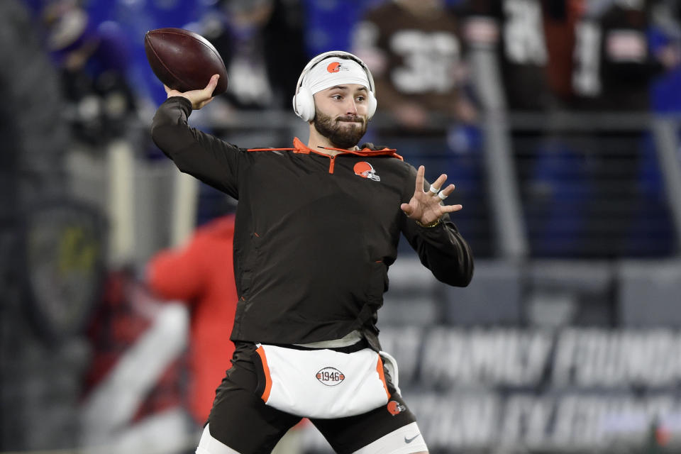 Cleveland Browns quarterback Baker Mayfield works out prior to an NFL football game against the Baltimore Ravens, Sunday, Nov. 28, 2021, in Baltimore. (AP Photo/Gail Burton)