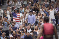 Fans cheer for Coco Gauff, of the United States, at her match against Aryna Sabalenka, of Belarus, during the women's singles final of the U.S. Open tennis championships, Saturday, Sept. 9, 2023, in New York. (AP Photo/Charles Krupa)