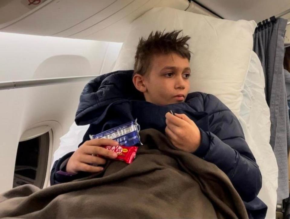 PHOTO: Yazan, 9, whose back was pierced by shrapnel in the Gaza Strip, is seen aboard an Emirati flight this month to Abu Dhabi, which has been called a “flying hospital.”  (Ines de la Cuetara/ABC News)