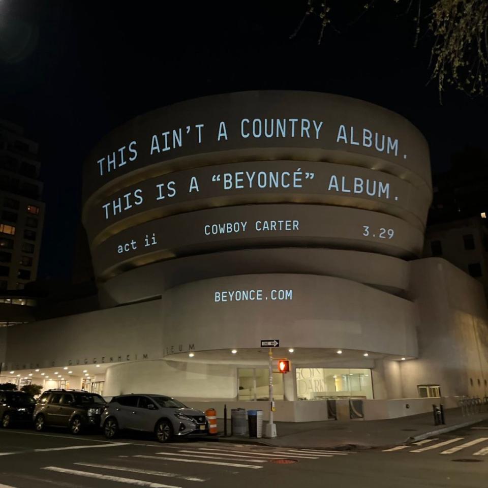 The Guggenheim told The Post it was “not informed” about the publicity stunt prior to magically popping up on its building and “did not authorize this activation.” Despite having no involvement in the display, the Guggenheim laughed it off, even posting a painting of horses by Franz Marc with the caption featured the singer’s lyrics: “This ain’t Texas.” X/@BeyLegion