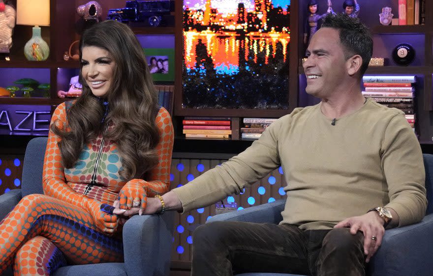 WATCH WHAT HAPPENS LIVE WITH ANDY COHEN -- Episode 20030 -- Pictured: (l-r) Teresa Giudice, Louie Ruelas -- (Photo by: Charles Sykes/Bravo)