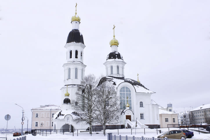 North Pole Cathedral, or Church of the Dormition 1742, covered in snow in Arkhangelsk, Russia.