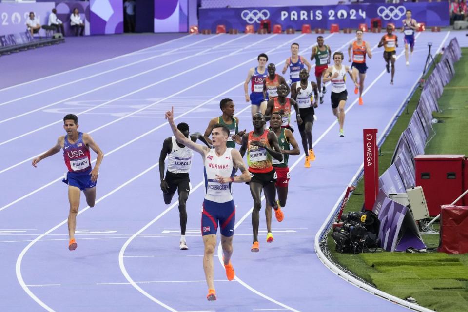 Jakob Ingebrigtsen of Norway wins the 5,000 meters at the Paris