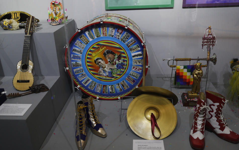 In this Sept. 13, 2019 photo, musical instruments that were given as gifts to Bolivia's President Eva Morales, are displayed at the Democratic and Cultural Revolution Museum in Orinoca, Bolivia. Museum officials say the mix of objects showcased allows visitors to get a closer look at Bolivia’s history as well as the “process of change” led by Morales. (AP Photo/Juan Karita)