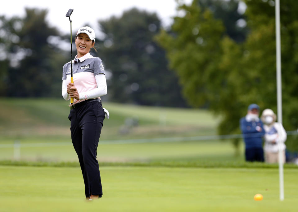 Chella Choi, of South Korea, reacts after putting the fifth hole during the third round of the LPGA's Cognizant Founders Cup golf tournament Saturday, Oct. 9, 2021, in West Caldwell, N.J. (AP Photo/Noah K. Murray)