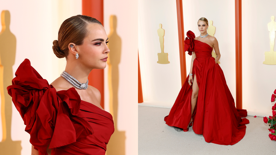 Cara Delevingne's crimson Elie Saab Couture gown was dramatic and timeless.