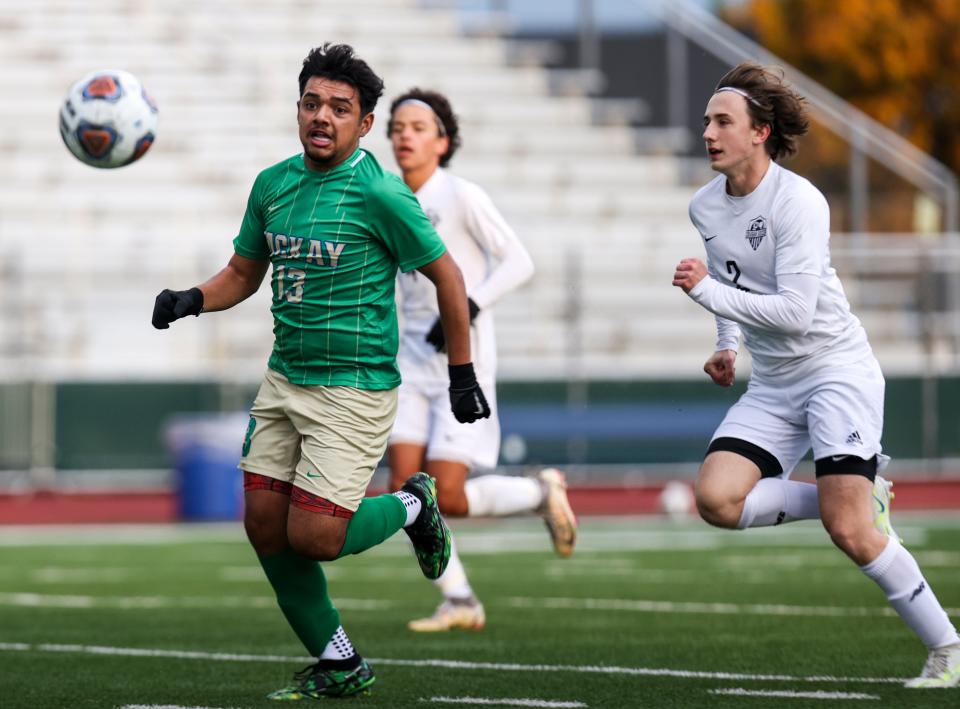 McKay’s Miguel Garcia (13) chases after the ball during the first half of the playoff game against Mountain View at McKay High School in Salem, Ore. on Tuesday, Nov. 1, 2022.