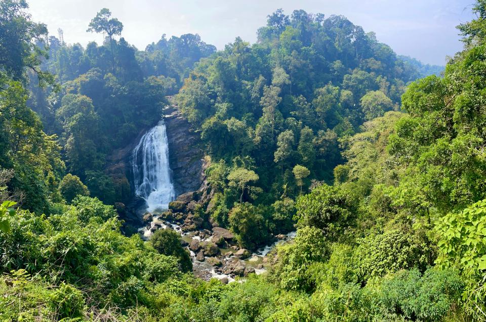 A waterfall with dense greenery on each side and mountains in the distance is shown along the drive from Kochi to Munnar, India.