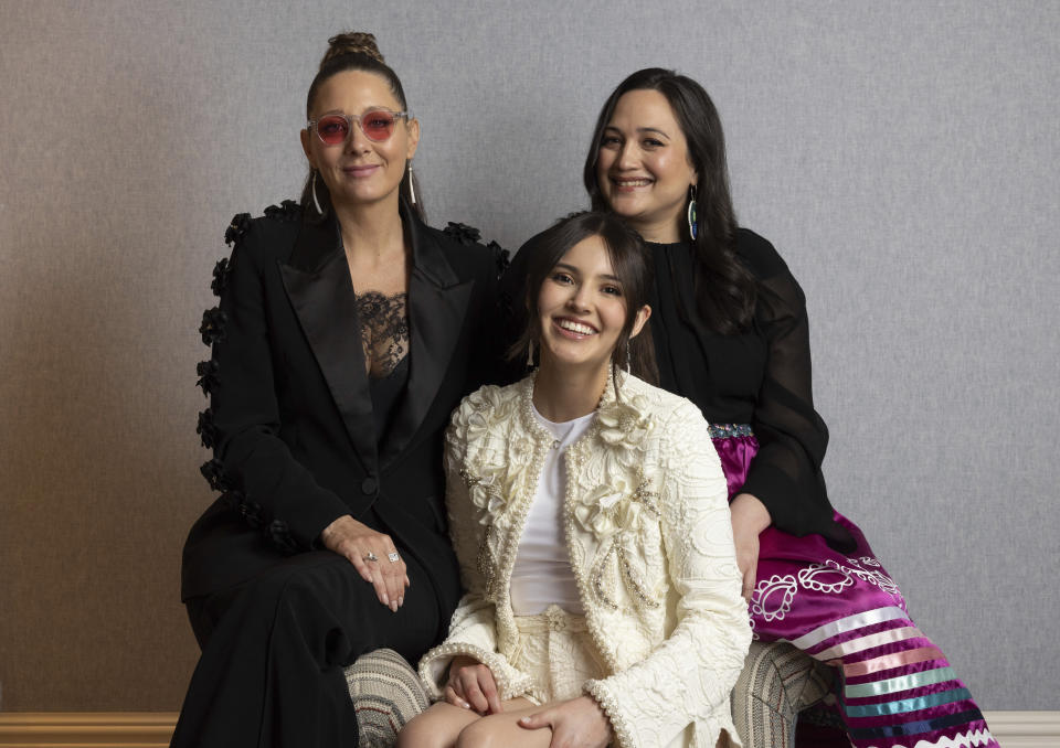 Director Erica Tremblay, left, Lily Gladstone, right, and Isabel Deroy-Olson pose for a portrait to promote the film "Fancy Dance" on Sunday, June 16, 2024, in New York. (Photo by Matt Licari/Invision/AP)