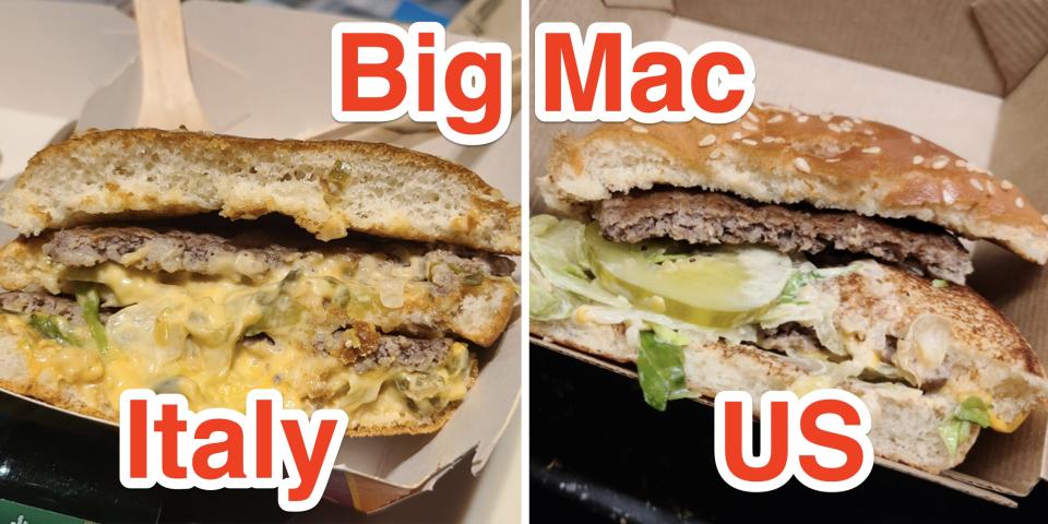 side by side photos of the cross section of a big mac in italy and a big mac in the us