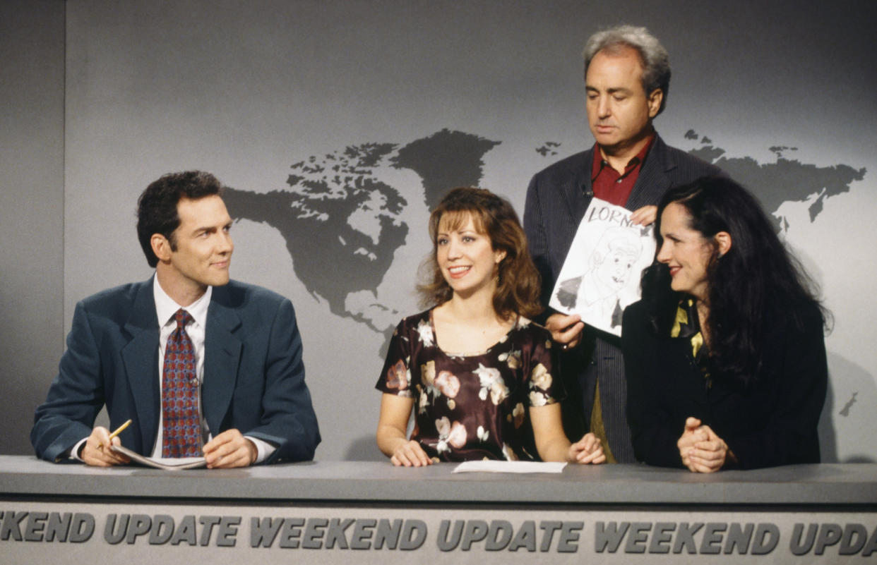 Norm Macdonald, Cheri Oteri, Lorne Michaels and Molly Shannon during a “Weekend Update” skit on SNL on Oct. 21, 1995. 