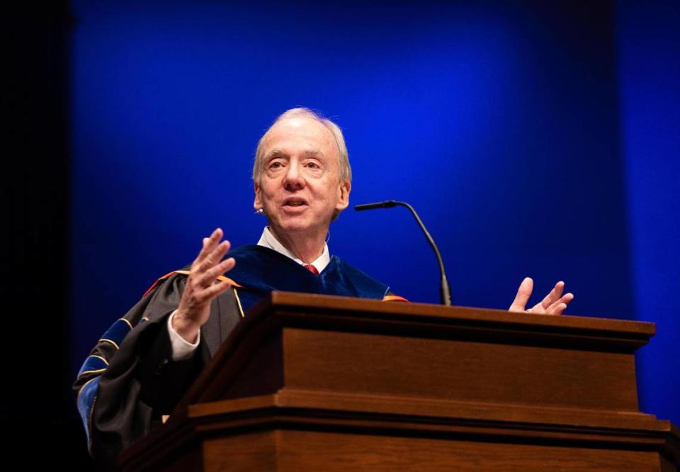 David Dockery, president of Southwestern Baptist Theological Seminary, speaks during graduation on Friday, May 5, 2023, in Fort Worth. He is the 10th president in the history of the seminary.