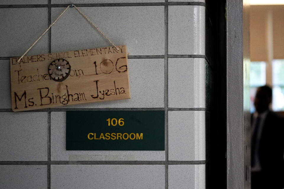 Signs are seen in front of a classroom at Chalmers Elementary school in Chicago, Wednesday, July 13, 2022. America's big cities are seeing their schools shrink, with more and more of their schools serving small numbers of students. Those small schools are expensive to run and often still can't offer everything students need (now more than ever), like nurses and music programs. Chicago and New York City are among the places that have spent COVID relief money to keep schools open, prioritizing stability for students and families. But that has come with tradeoffs. And as federal funds dry up and enrollment falls, it may not be enough to prevent districts from closing schools. (AP Photo/Nam Y. Huh)