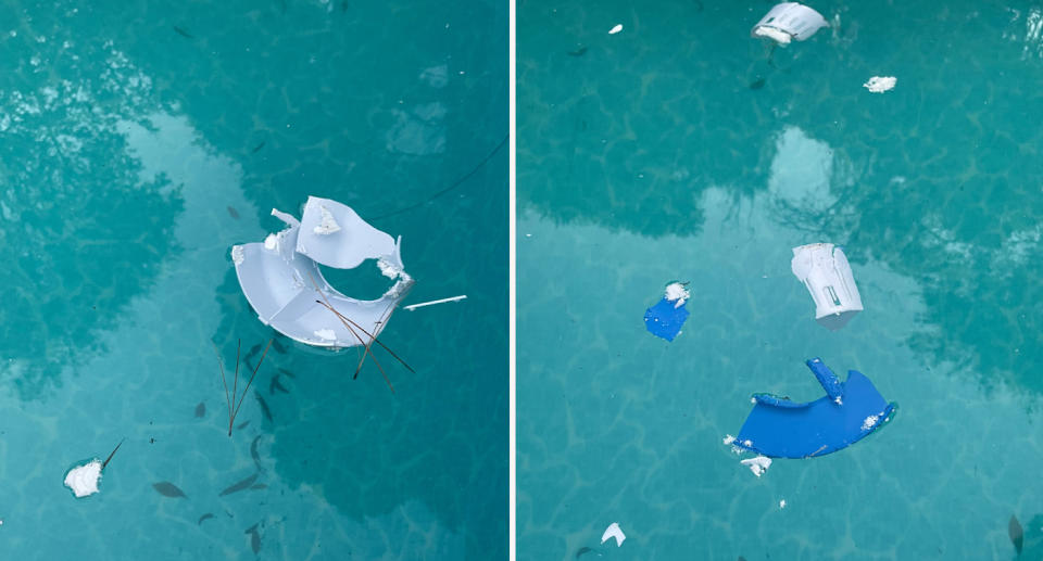 Pieces of pool floater after it exploded. 