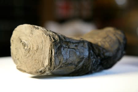 An ancient Herculaneum scroll, buried and carbonised in the deadly eruption of Mount Vesuvius in 79 AD, is displayed in Paris