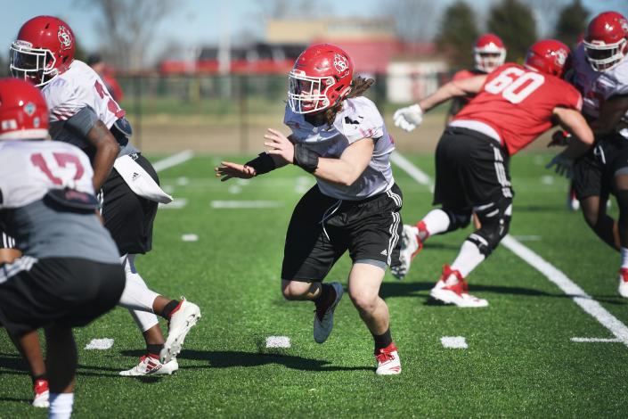 USD linebacker Jack Cochrane during spring football camp Monday, April, 8, on the outdoor practice field at the university in Vermillion.