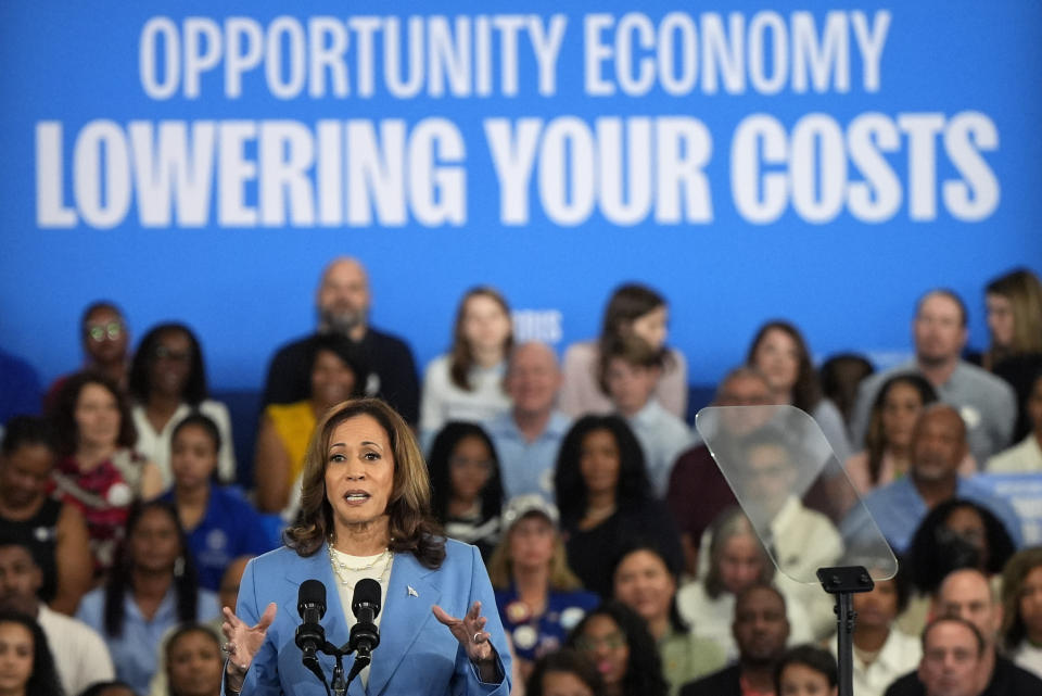 Vice President Kamala Harris speaks in Raleigh, North Carolina on Friday.