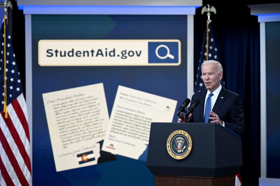 US President Joe Biden delivers remarks on the student debt relief portal beta test, in the South Court Auditorium of the Eisenhower Executive Office Building, next to the White House, in Washington, DC, on October 17, 2022. (Photo by Brendan SMIALOWSKI / AFP) (Photo by BRENDAN SMIALOWSKI/AFP via Getty Images)