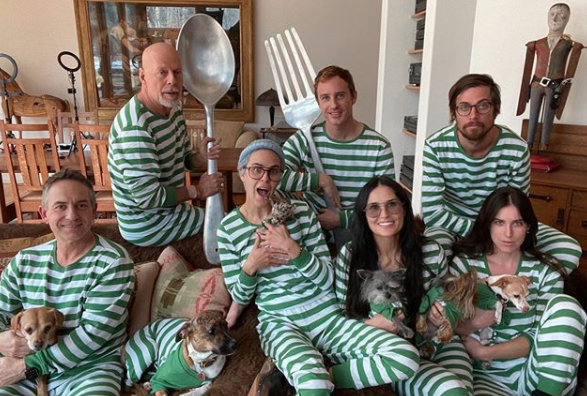 Demi Moore and Bruce Willis blended family in striped onsies and giant cutlery on ranch