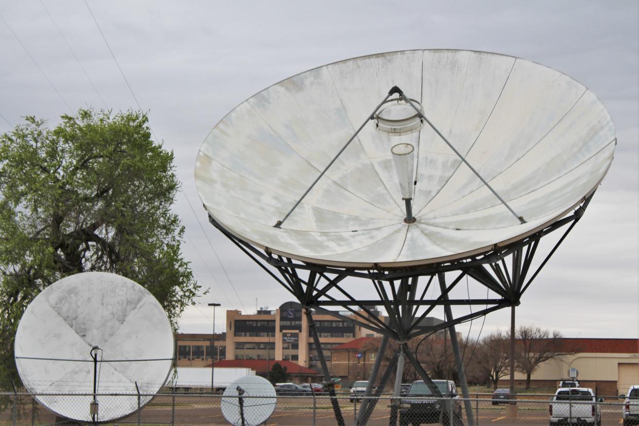 Satellite dishes are pictured outside Texas Tech Public Media Friday.