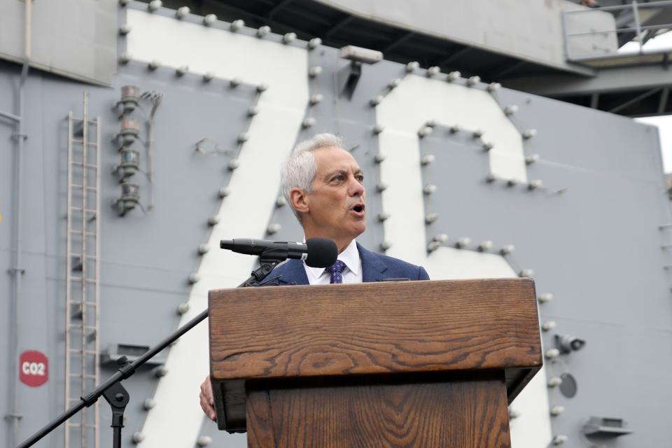 U.S. Ambassador to Japan Rahm Emanuel delivers a speech at the U.S. navy aircraft carriers USS Ronald Reagan (CVN-76) before its voyage at the U.S. navy's Yokosuka base Thursday, May 16, 2024, in Yokosuka, south of Tokyo. This is the ship's final departure from Yokosuka before transiting back to the United States. (AP Photo/Eugene Hoshiko)