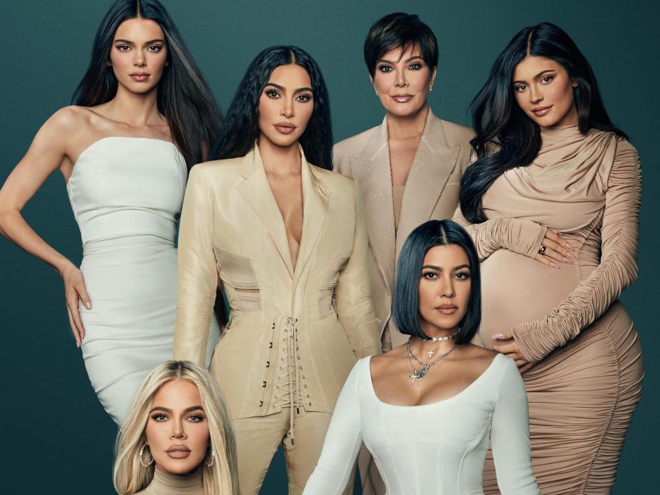 kendall jenner, kim kardashian, kris jenner, kylie jenner, khloé kardashian, and kourtney kardashian posing together in promotional art for the kardashians on hulu