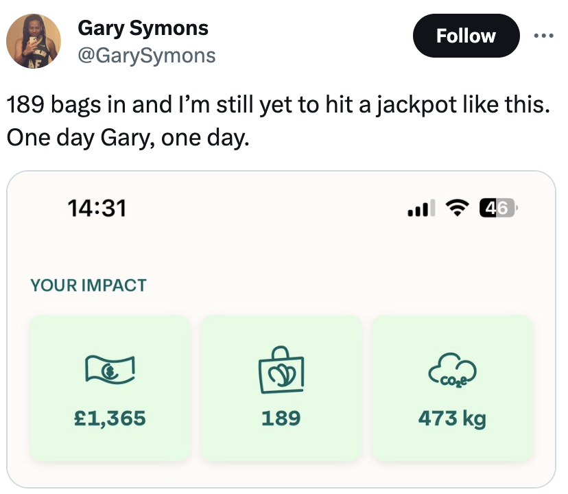 a screenshot of a tweet that reads "189 bags in and i'm still yet to hit a jackpot like this. one day gary, one day"