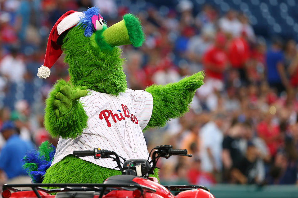 PHILADELPHIA, PA - JULY 26: The Phillie Phanatic before a game between the Atlanta Braves and Philadelphia Phillies at Citizens Bank Park on July 26, 2019 in Philadelphia, Pennsylvania. (Photo by Rich Schultz/Getty Images)