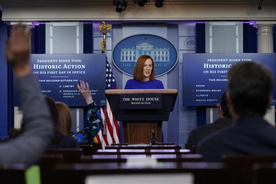 White House press secretary Jen Psaki speaks during a press briefing at the White House, Wednesday, Jan. 20, 2021, in Washington. (AP Photo/Evan Vucci)