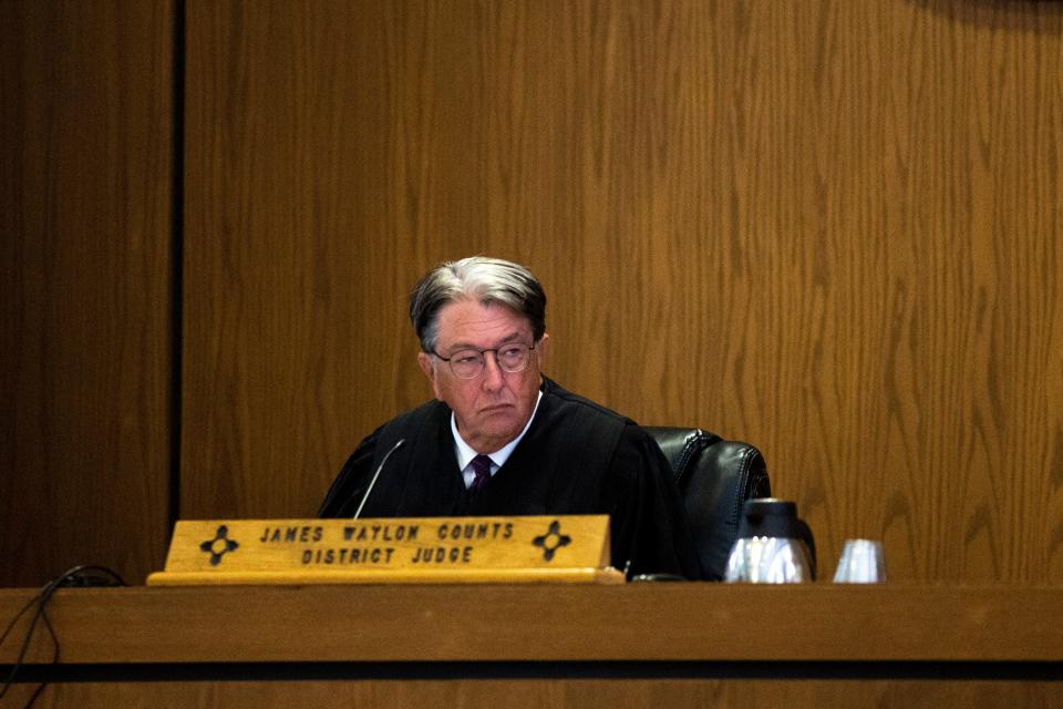 3rd Judicial District Court Judge James Waylon Counts listens to the prosecutor's opening remarks during the trial of Lalo Anthony Castrillo IV on Monday, August 28, 2023, at the 3rd Judicial District Court. Castrillo is accused of killing two-year-old Faviola Rodriguez.