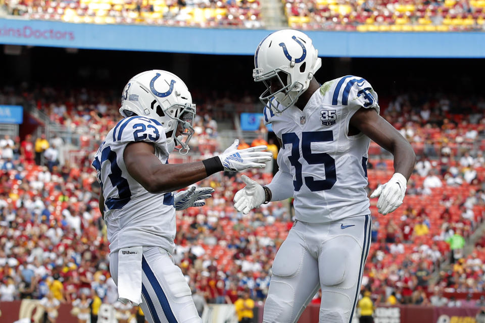 Indianapolis Colts cornerbacks Kenny Moore (L) and Pierre Desir have a tough challenge against the Chiefs. (AP)