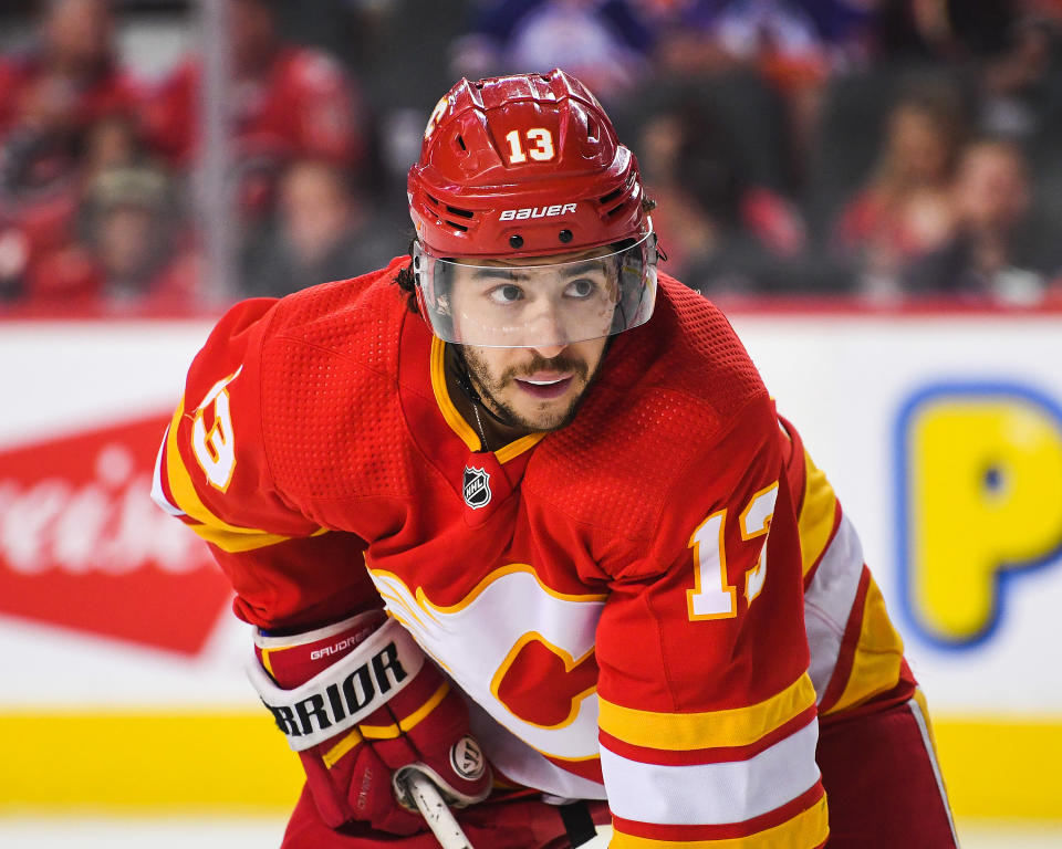 CALGARY, AB - MAY 26: Johnny Gaudreau #13 of the Calgary Flames in action against the Edmonton Oilers during Game Five of the Second Round of the 2022 Stanley Cup Playoffs at Scotiabank Saddledome on May 26, 2022 in Calgary, Alberta, Canada. The Oilers defeated the Flames 5-4 in overtime to win the series four games to one. (Photo by Derek Leung/Getty Images)