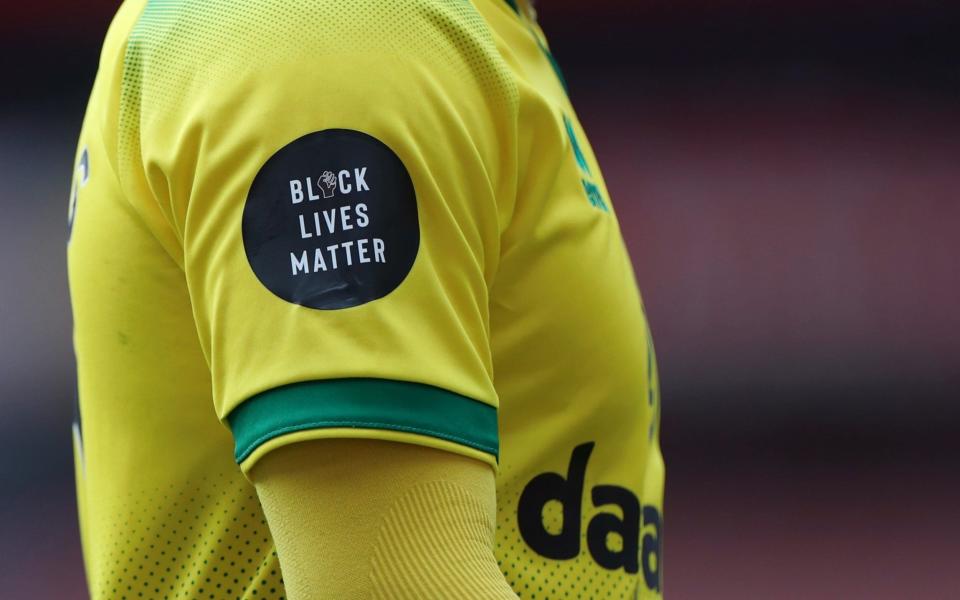 A Norwich City shirt with a Black Lives Matter badge, as play resumes behind closed doors following the outbreak of the coronavirus disease - Mike Egerton/Pool via REUTERS 